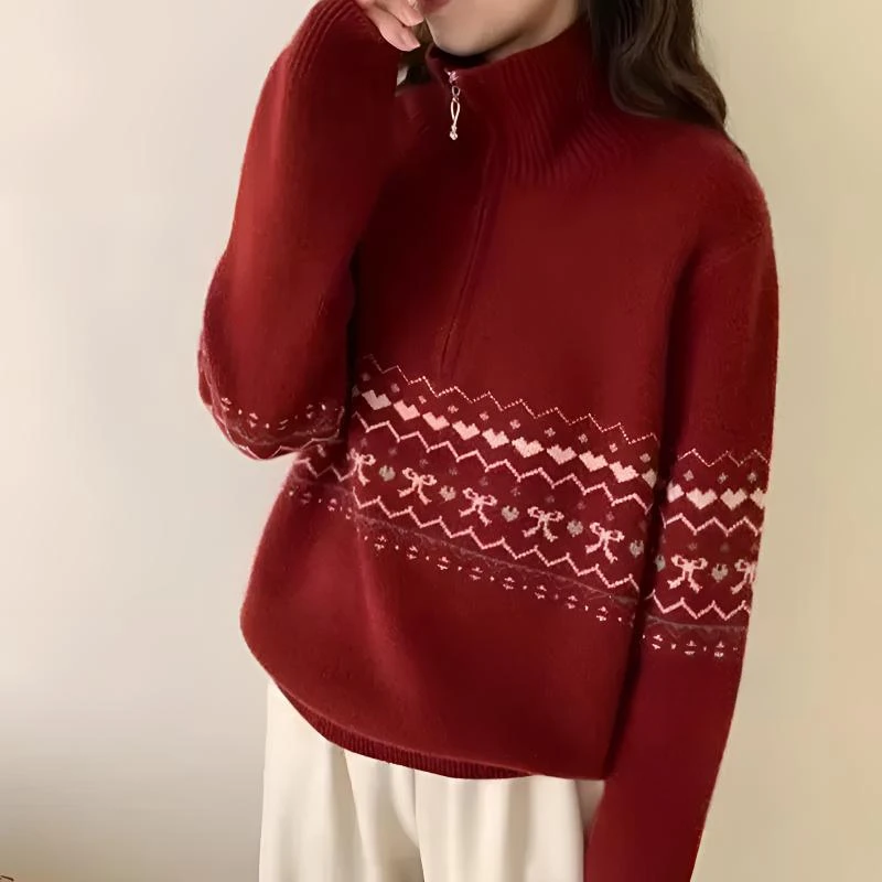 俏悠然春季半开拉链翻领毛衣女减龄网红ins提花针织衫百搭上衣