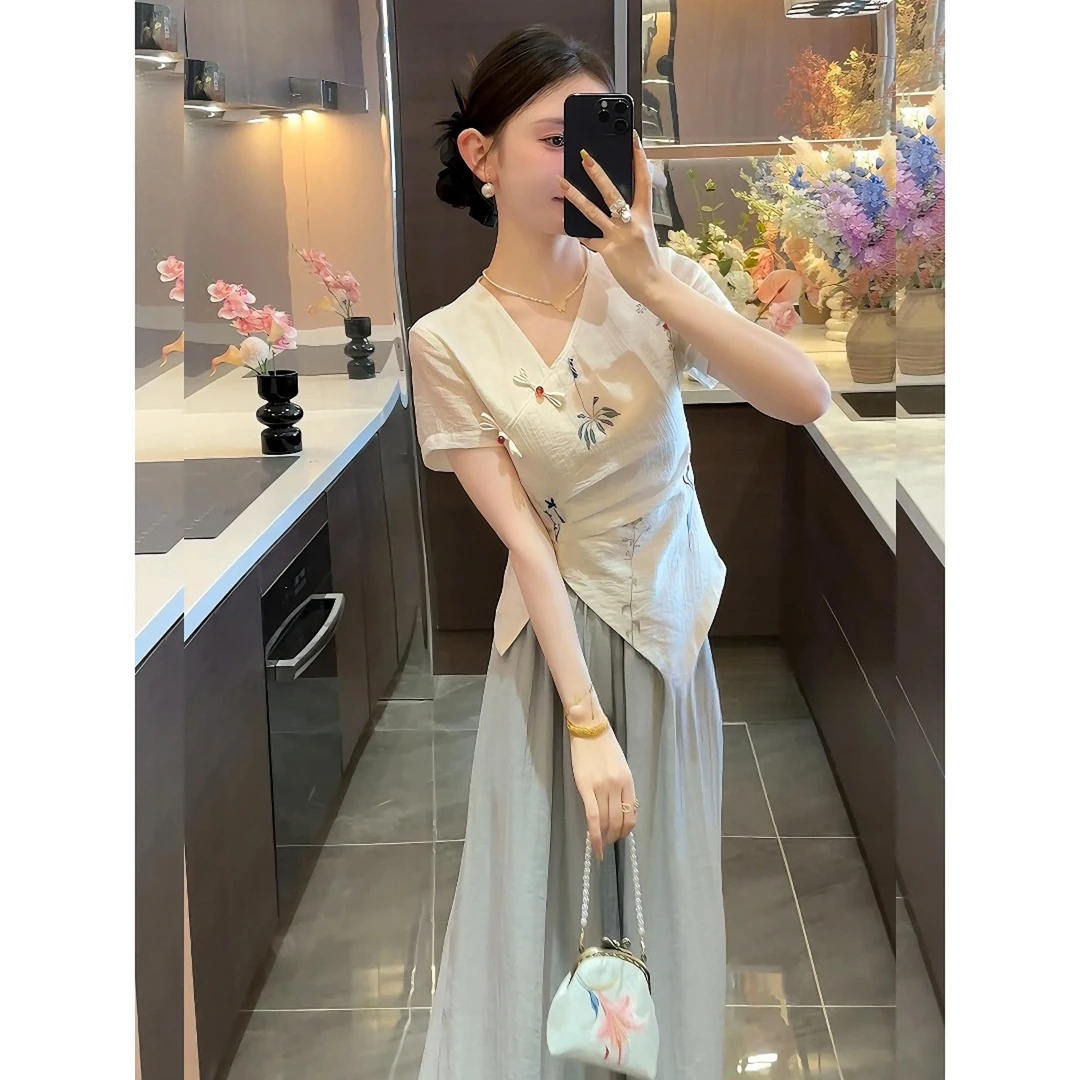 高级气质新中式国风女装掐腰斜V领上衣阔腿裤巨好看的夏装一整套