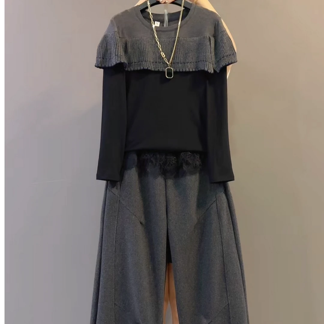 韩系假两件针织披肩秋冬新款上衣弹力腰毛呢裤两件套