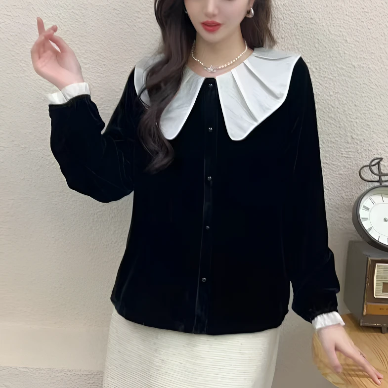 【锦衣服饰】STSZ 8368法式娃娃领丝绒拼接小衫