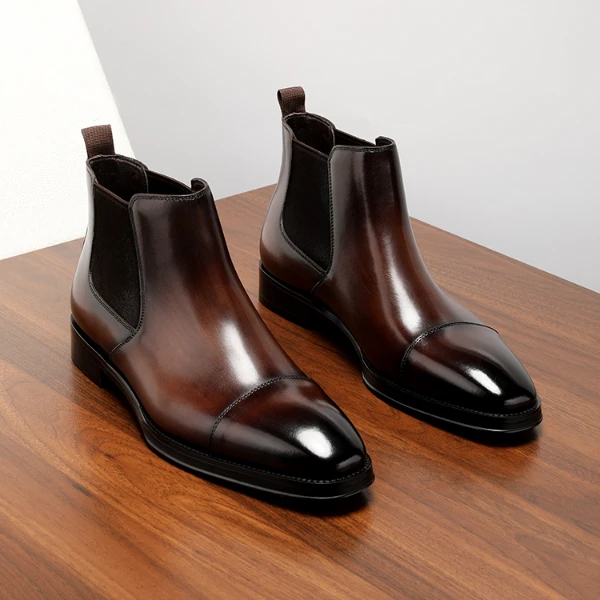 三接头切尔西靴男款商务正装高帮皮鞋套脚尖头马丁靴真皮短靴冬季