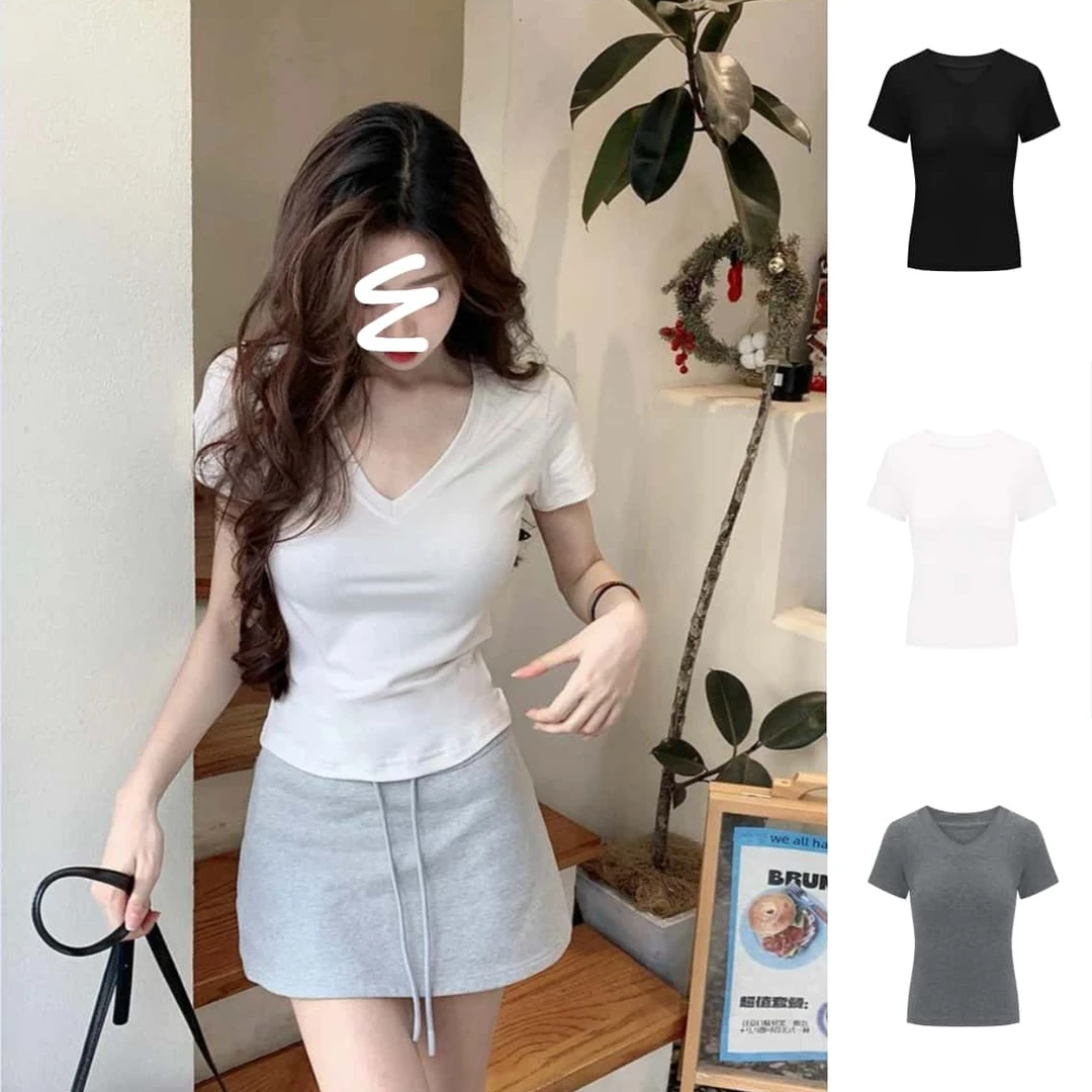 Zi Crown/紫皇冠A029正肩V领垫肩款短袖T恤修身显瘦百搭打底衫