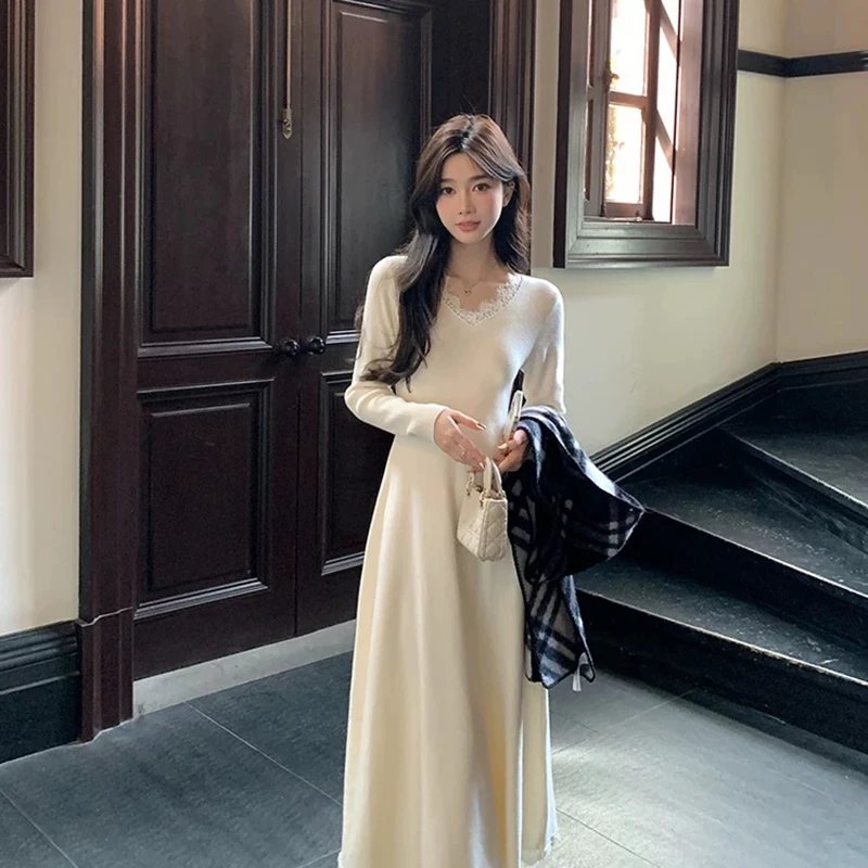 5012蕾丝连衣裙秋冬气质法式长袖中长款裙子慵懒温柔打底A字长裙