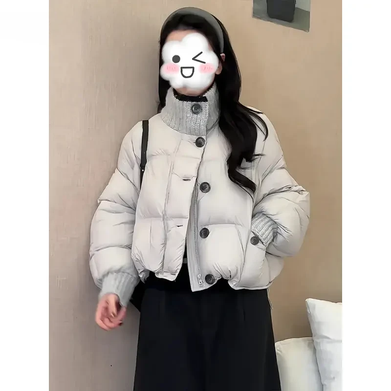 针织拼接羽绒手塞棉棉服冬2025新款加厚保暖棉衣短外套