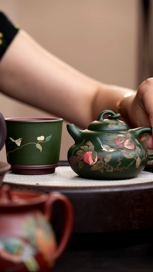 茶壶紫砂民国绿葫芦壶泥绘桃子+杯