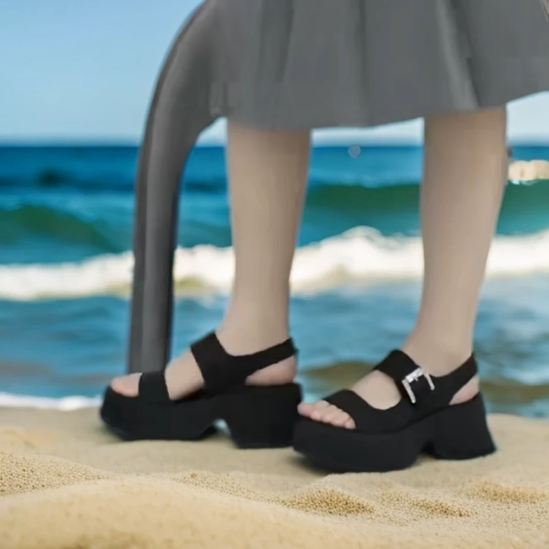 一字带凉鞋松糕跟网红时尚夏季黑色罗马鞋露趾高跟厚底百搭休闲