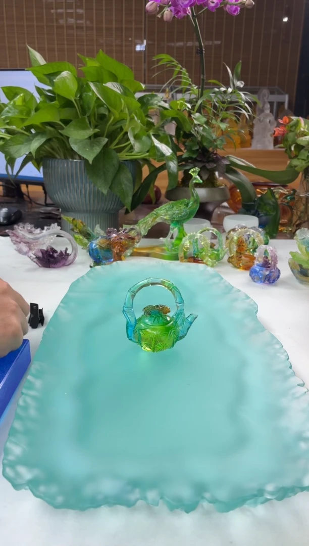 手工艺品琉璃彩色竹子小茶壶摆件7公分