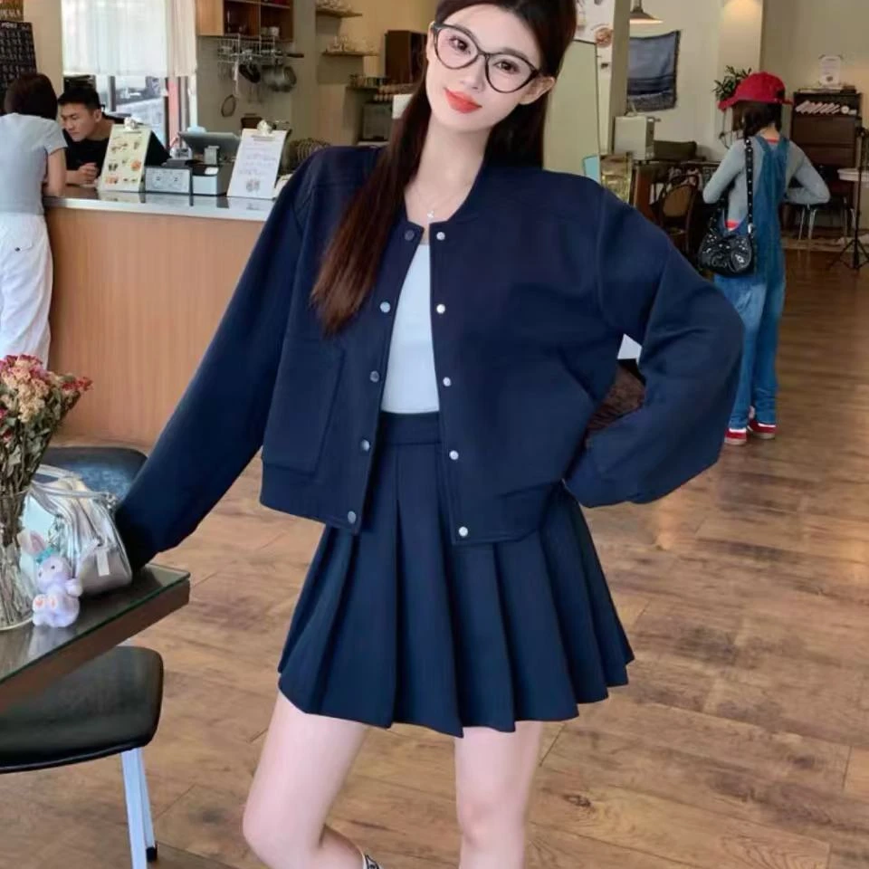 春季甜美可爱棒球服上衣高腰A字版百褶短裙套装