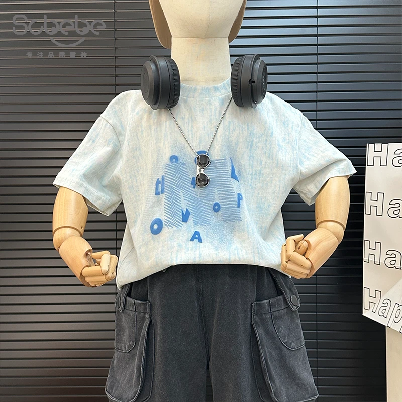 SCBEBE儿童T恤夏季新款男童韩版扎染斜条字母欧若风短袖AX798