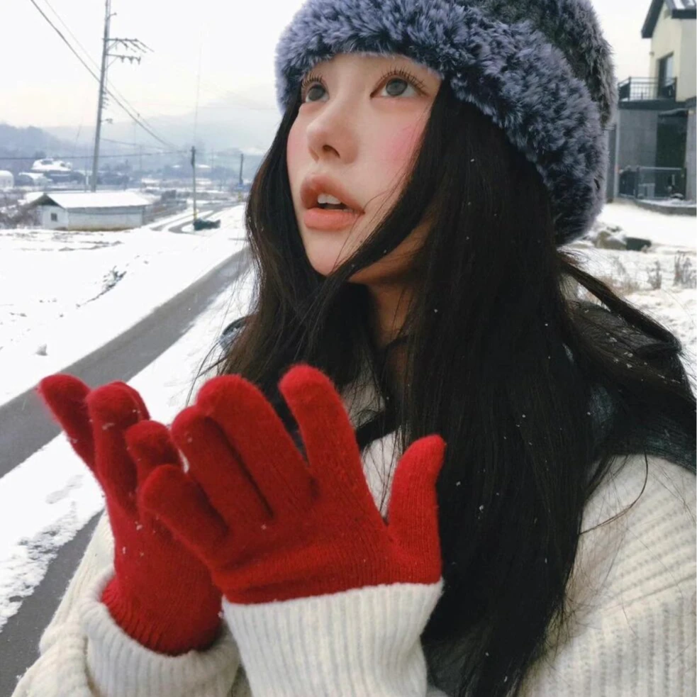 纯色保暖加厚针织冬季露指可触屏毛线学生骑行分指易收纳J