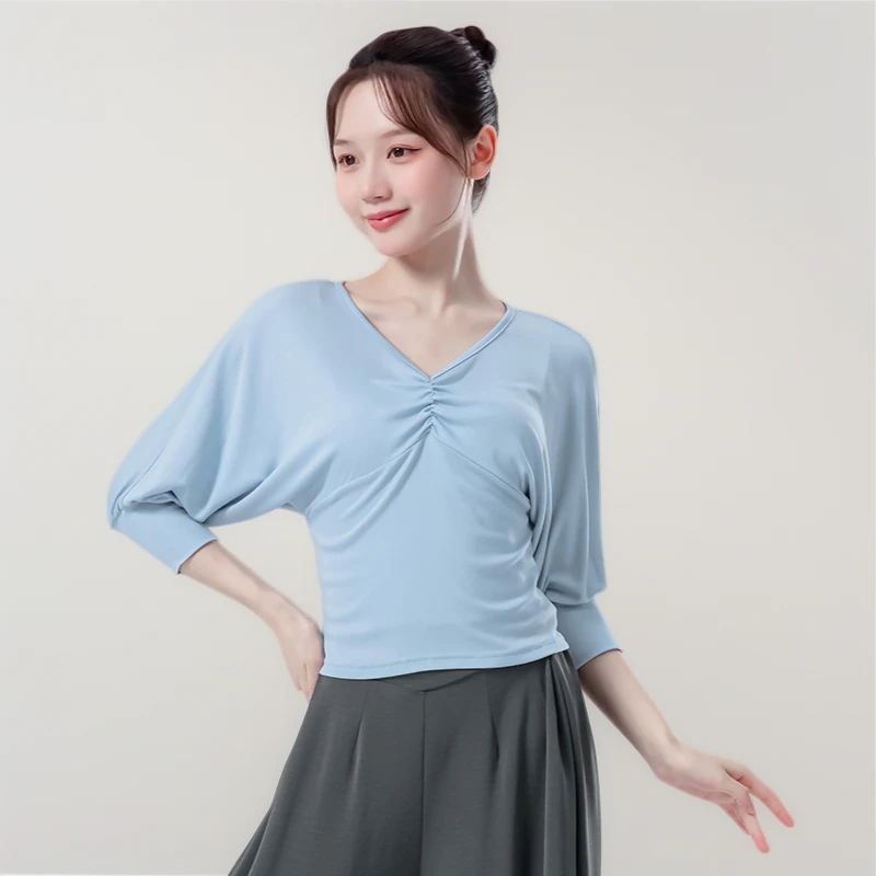 现代舞蹈服女秋冬新款成人抽褶蝙蝠中袖修身显瘦形体练功服上衣