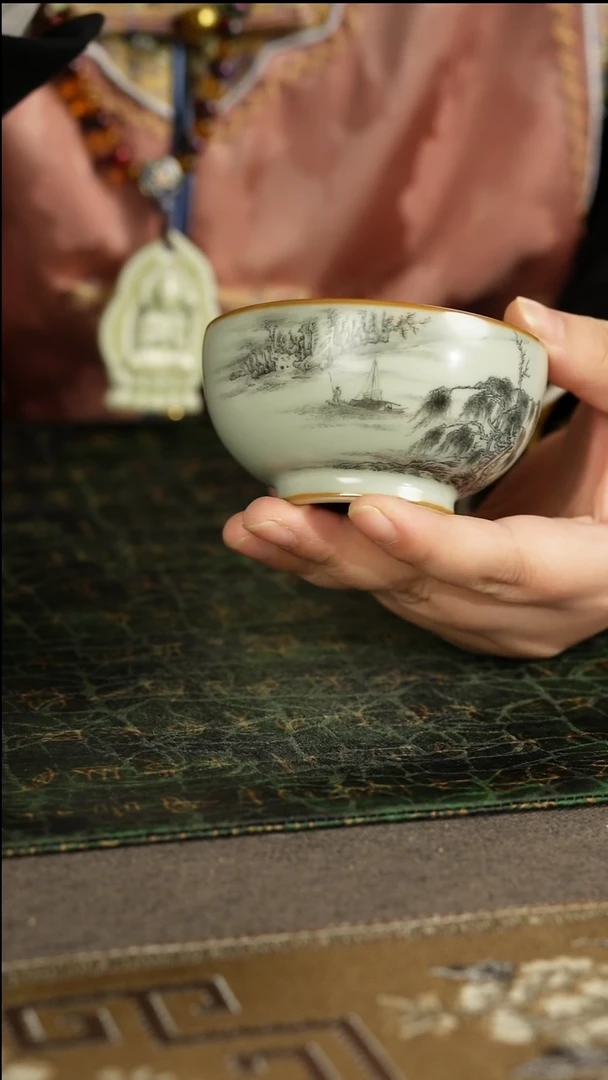 善窑厂汝窑山水墨彩主人杯