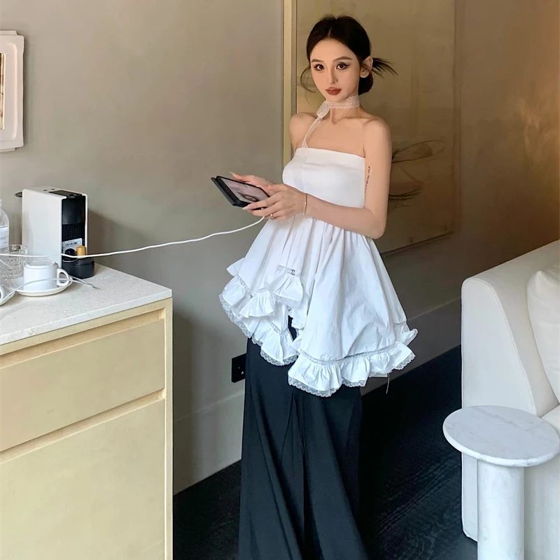 时髦~复古气质性感辣妹抹胸蕾丝拼接蓬蓬背心上衣#22661