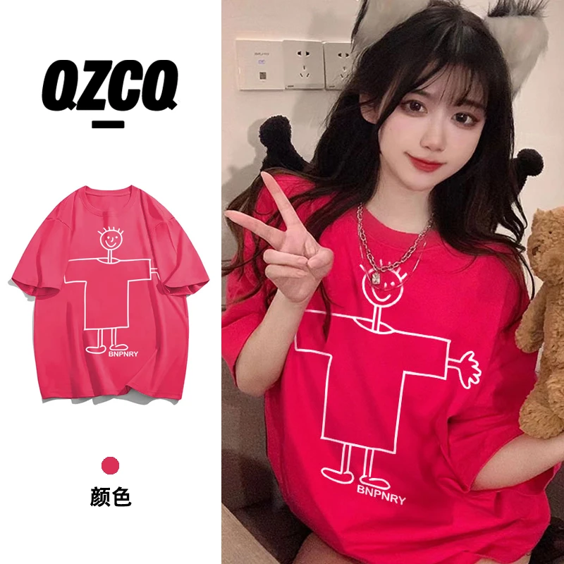QZCQ多巴胺小众休闲宽松百搭夏季短袖T恤慵懒设计潮上衣圆领ins女