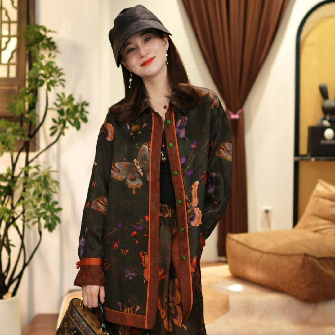 【玉洁定制】“蝴蝶精灵”香云纱上衣女真丝复古显瘦衬衫BQYJ25010006