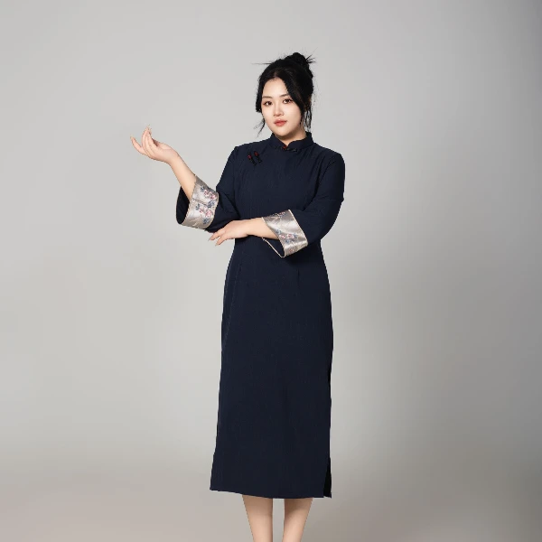 【蓝玥】大码女装早春新款复古显瘦提花立领旗袍连衣裙90040