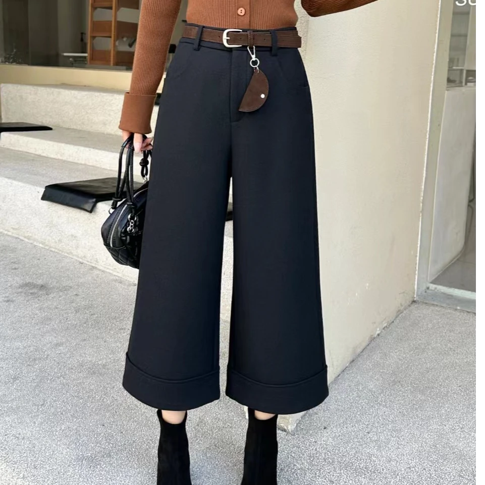 M54B010慕之淇毛呢高腰阔腿加厚显瘦卷边九分休闲裤