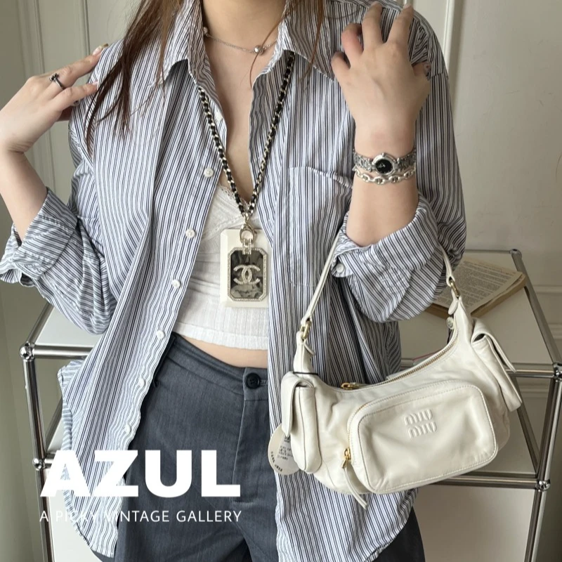 95新 MIU MIU/缪缪 Azul - 白金羊皮机车hobo腋下包 51582
