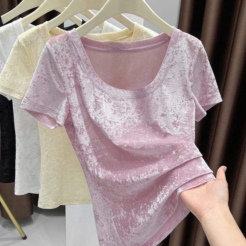 圆领修身打底衫女洋气内搭粉色钻石毛短袖T恤衫春秋新款气质上衣