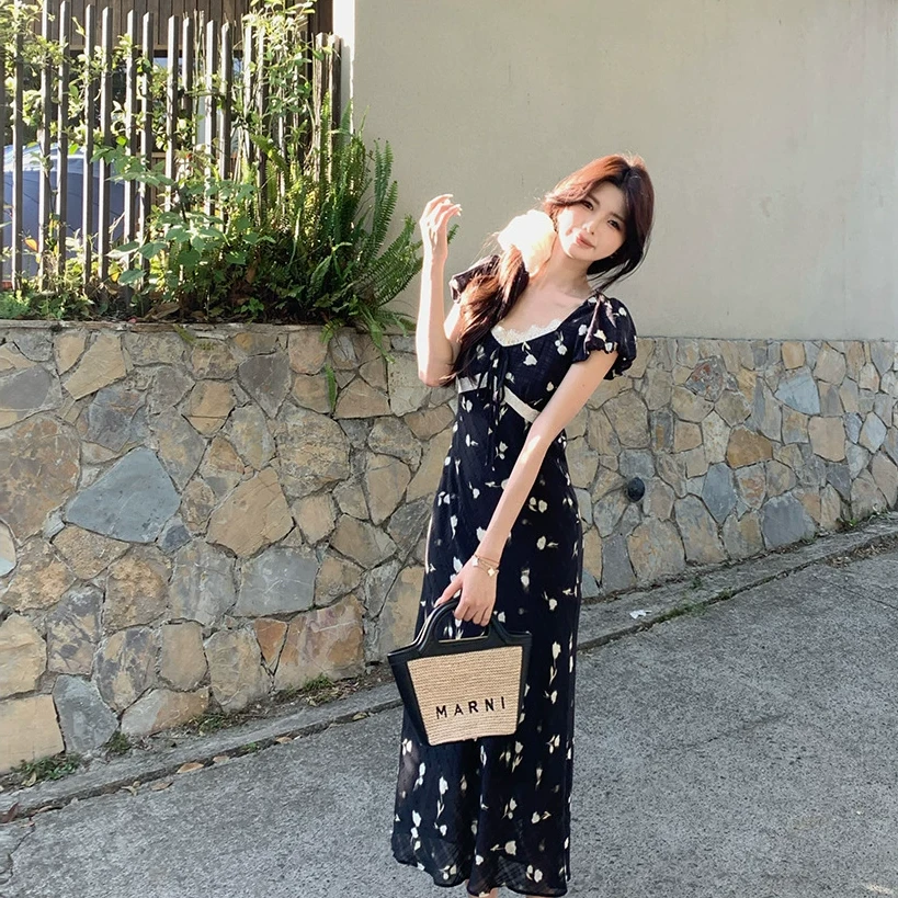 佐佐家小个子泡泡袖蕾丝拼接收腰碎花连衣裙夏季女修身显瘦长裙子