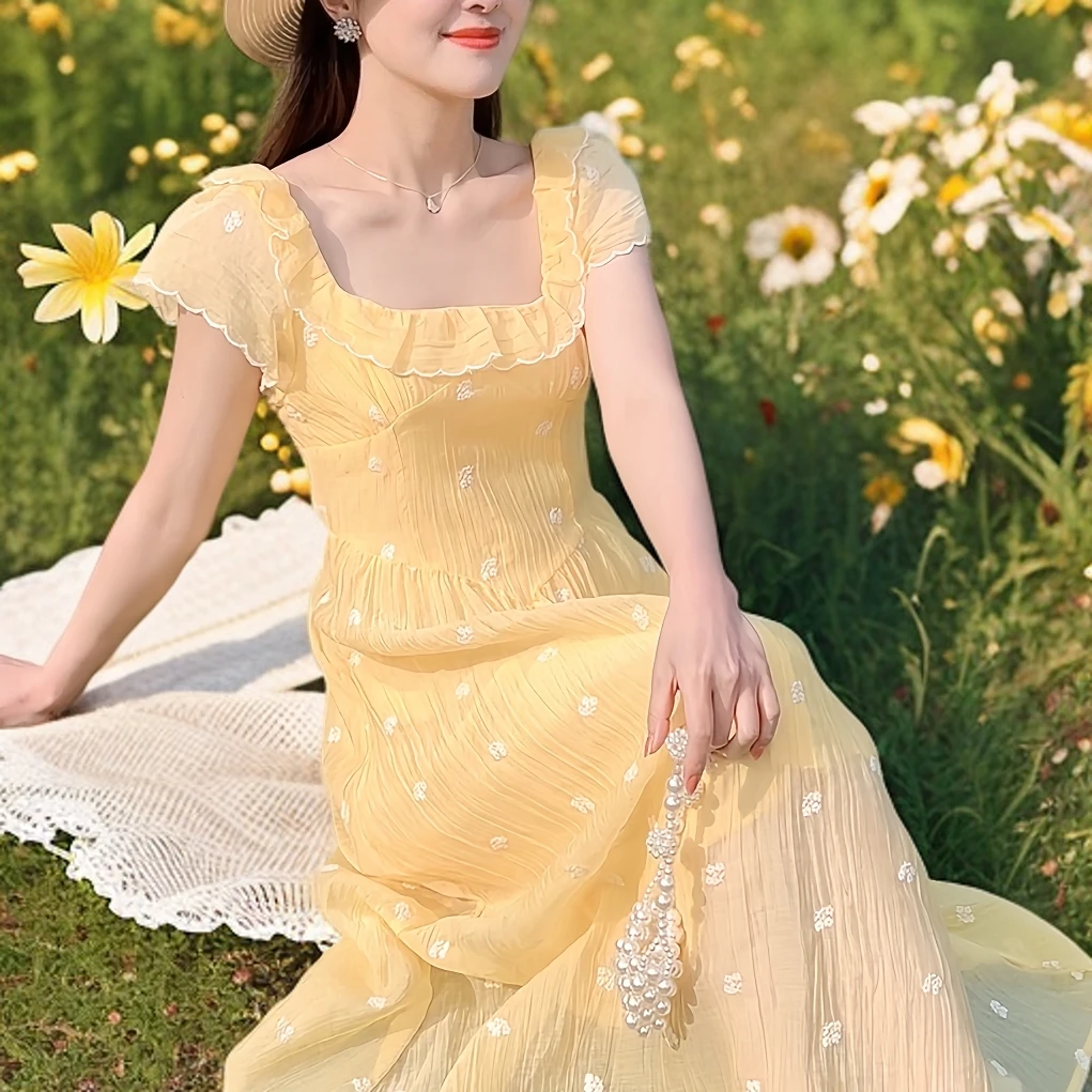 千语栀【心蕊】油菜花烂漫盛开  2025新款夏款流行裙子女黄色连衣裙