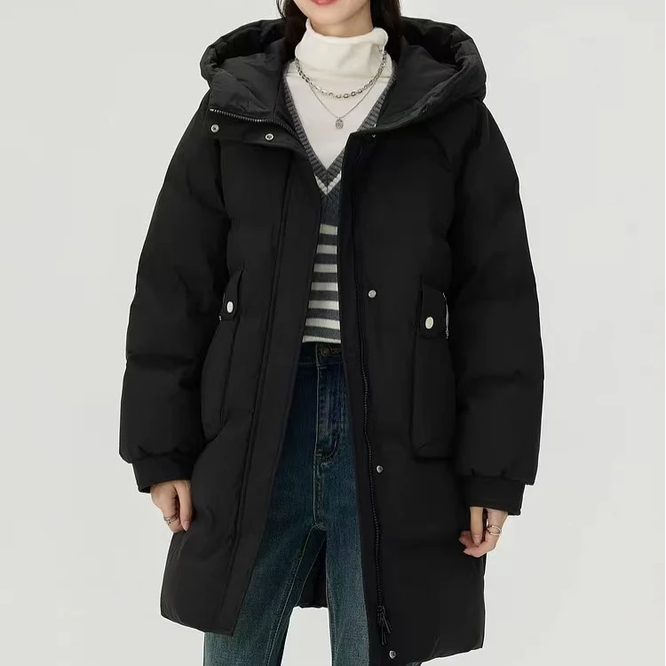 冬季新款女士中长厚款时尚拼色连帽宽松外套 LX2004