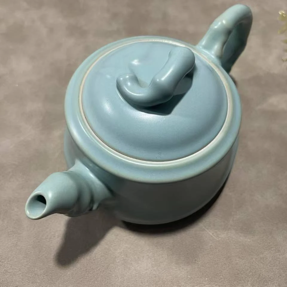 汝窑功夫茶壶单壶陶瓷冰裂纹开片 汝窑天蓝釉-竹韵壶天青釉