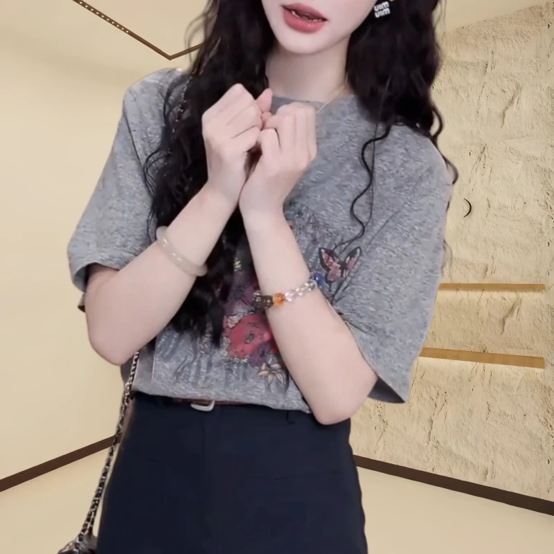 蝴蝶花印花短袖百搭夏季上衣T恤简约复古休闲圆领短袖上衣