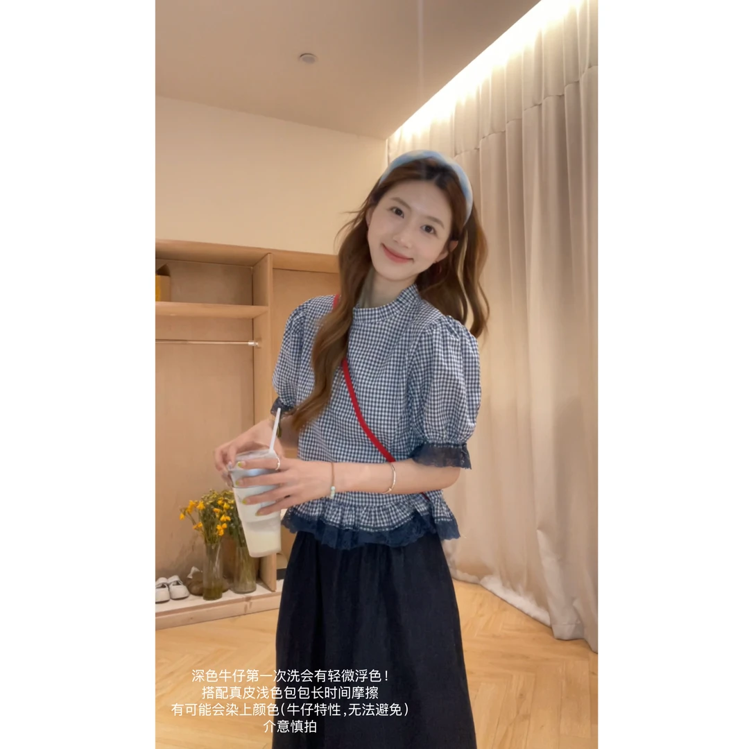 [YS]花边格子学院风小衫or牛仔半身裙~X372上衣衬衫小众气质蓝色