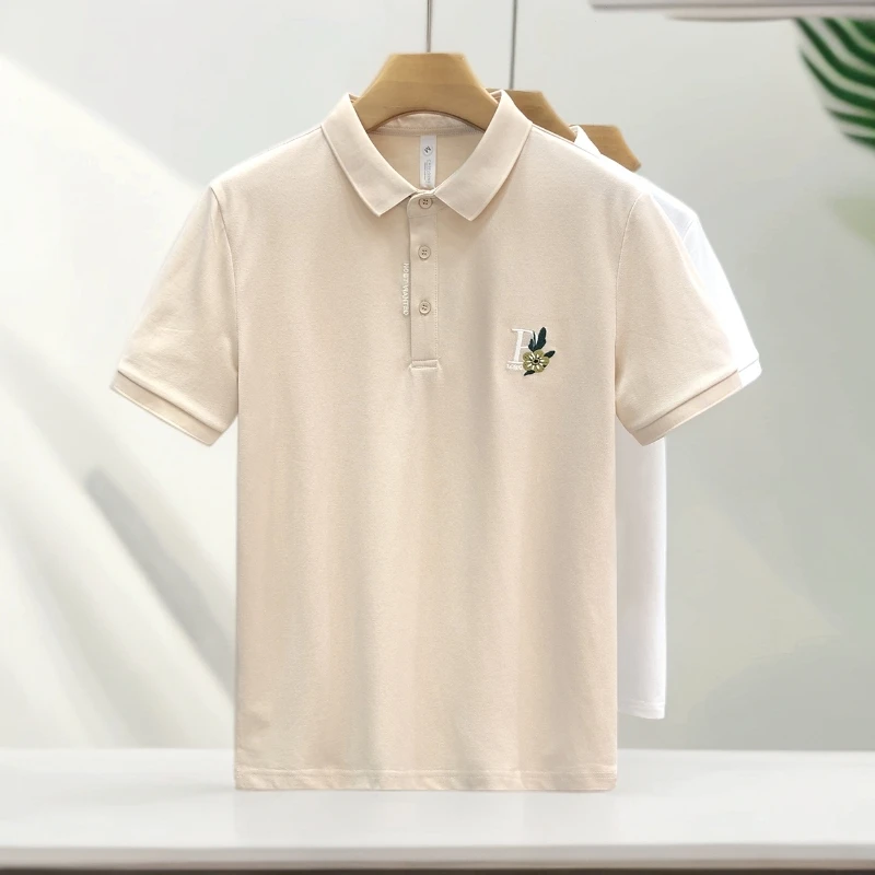 痞帅杏色刺绣polo衫男生高品质翻领短袖t恤2025夏季男士带领半袖