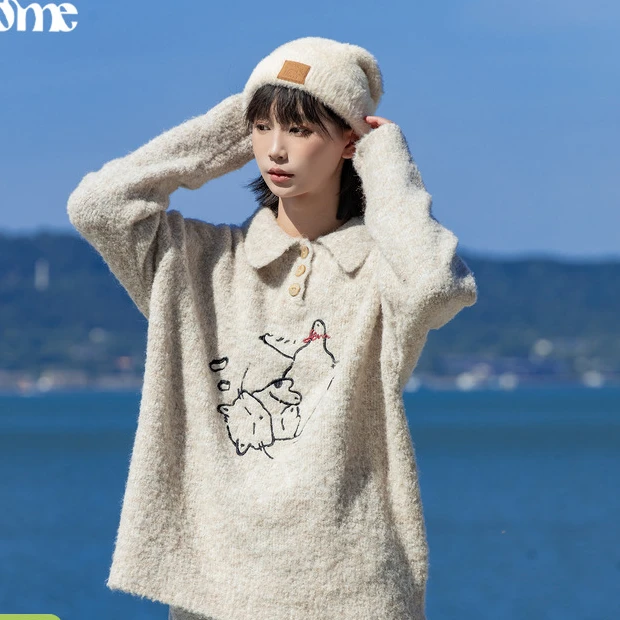 早乙女惠子saotome 日系宽松趣味刺绣圈圈纱polo衫毛衣外套3145
