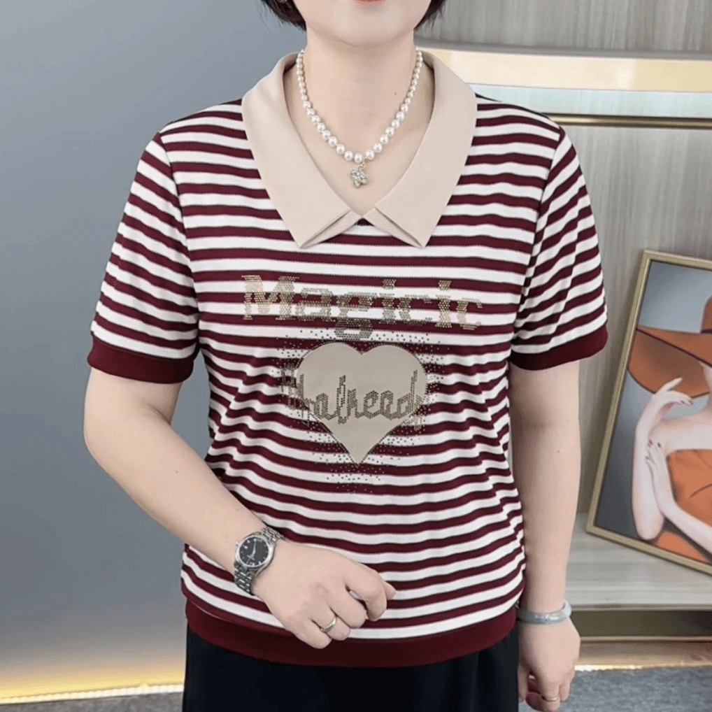 妈妈装短袖2025夏季新款时尚娃娃领条纹烫钻T恤休闲宽松遮肚上衣