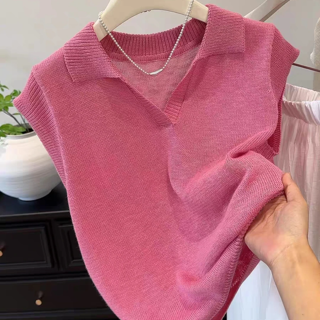 韩系玫粉色轻奢高端货夏季翻领针织短袖女2025新款高级设计感上衣
