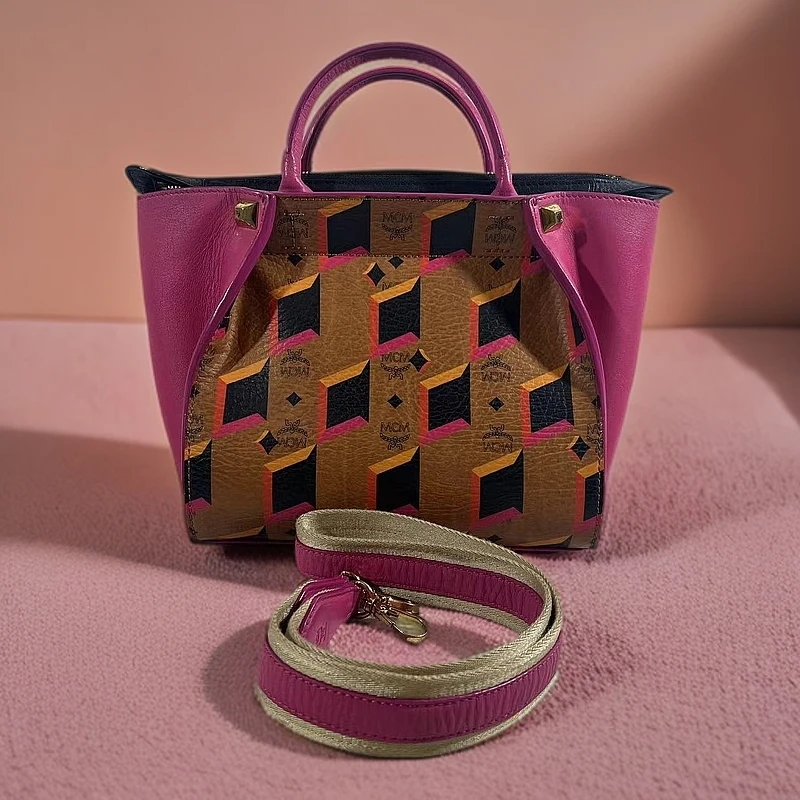 95新 MCM 干邑色拼粉边手提单肩包G25100007底长24x21
