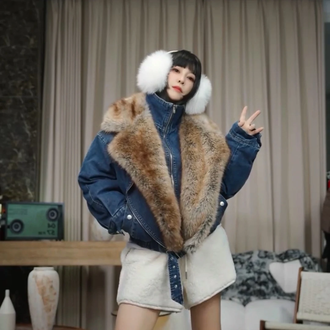 infobyfive2025秋冬新款翻领毛毛假两件夹棉牛仔外套壹NF0511201