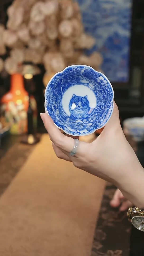 谷子窑 万花开窗猫咪高足杯