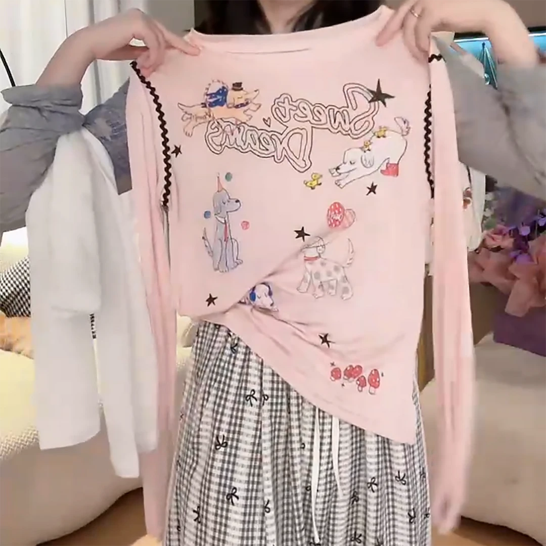 【天使小狗防晒】夏季印花长袖T恤百搭圆领慵懒风薄款上衣女