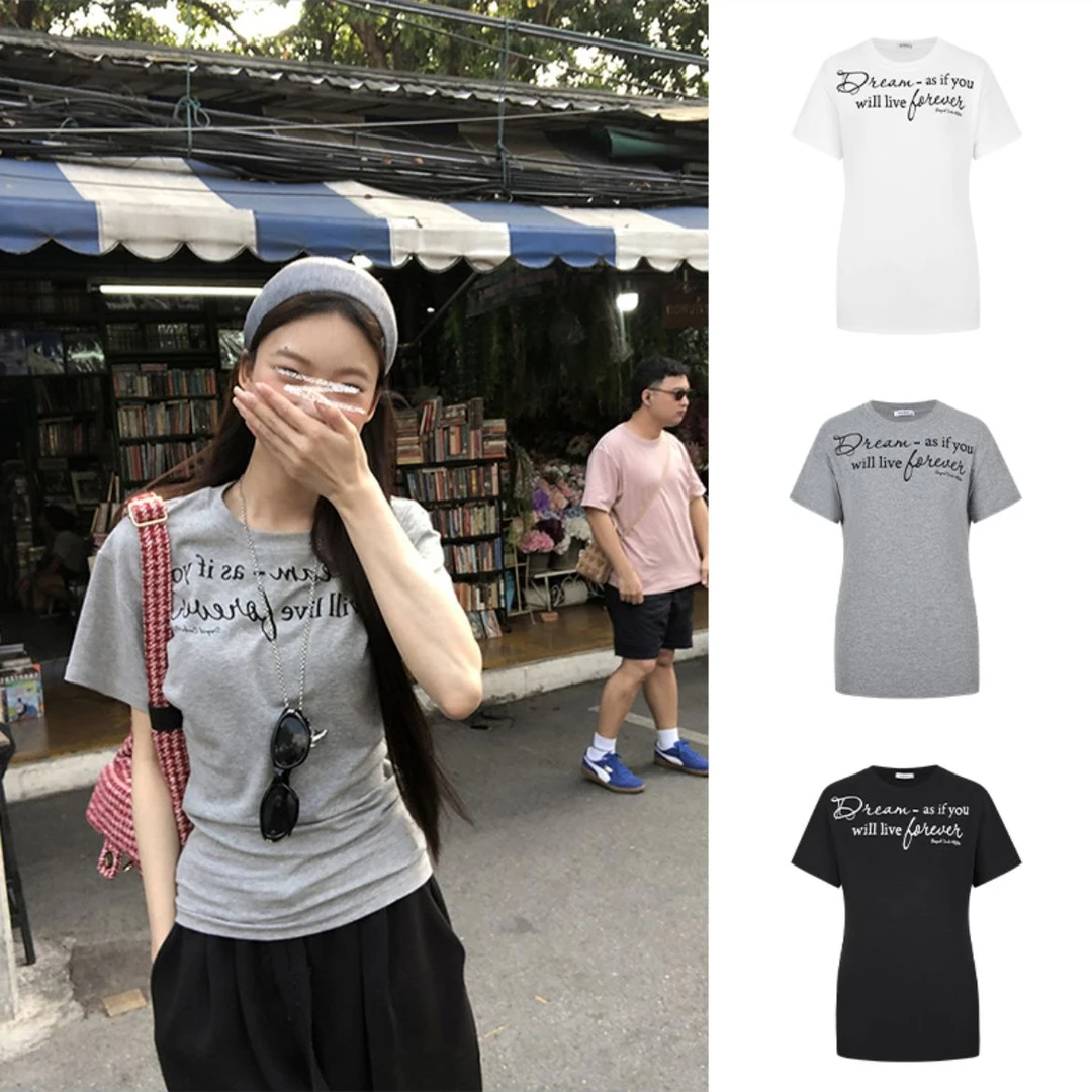 设计感独特印花短袖T恤女夏季新款时尚慵懒风穿搭灰色修身上衣