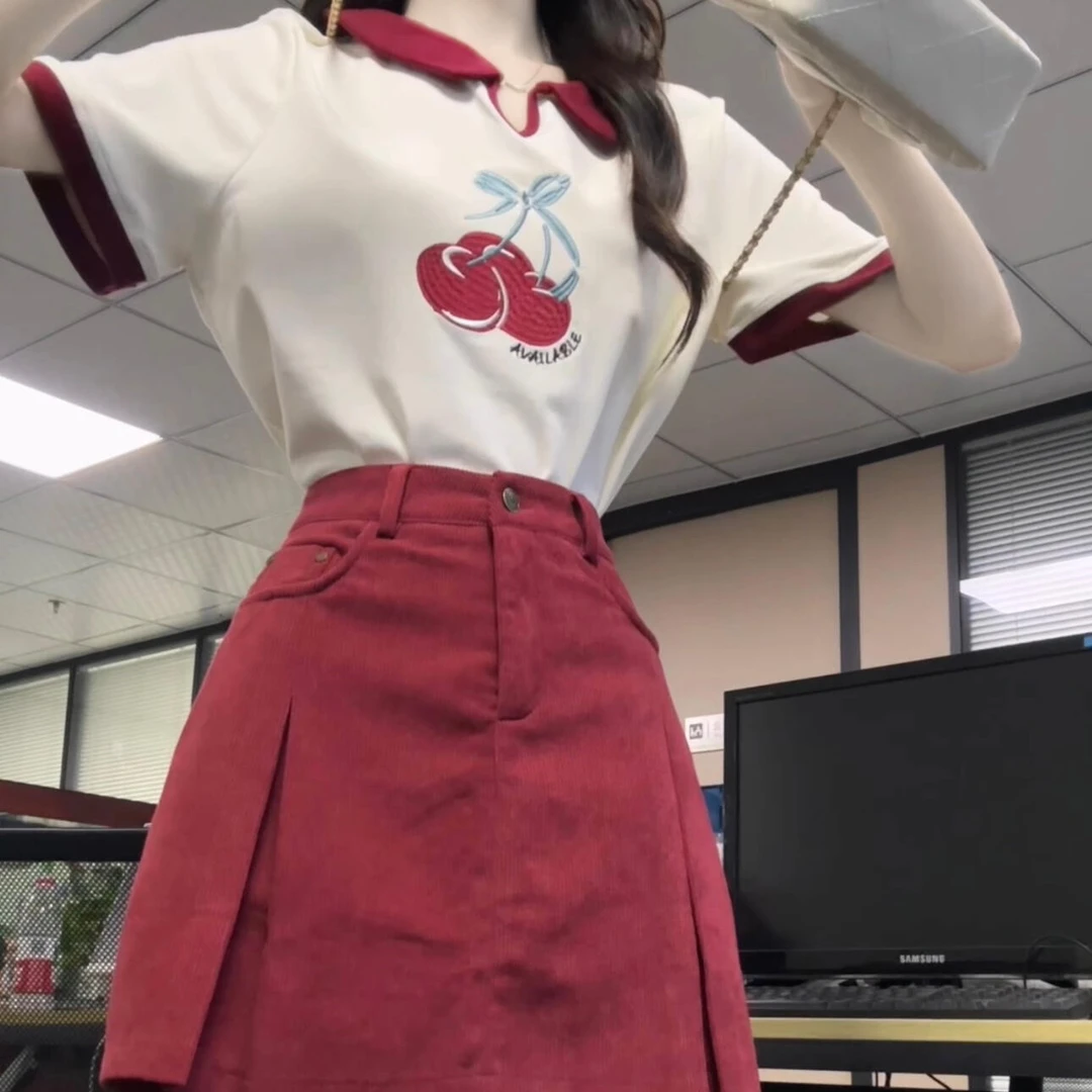 夏季新款韩系复古甜美通勤风一整套拼色绣花T恤高腰红色半身裙女