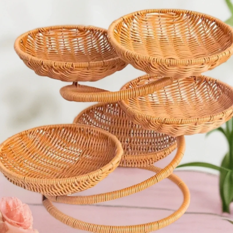 （迎客松多层水果盘）中国风仿藤纯手工编织多层水果盘.收纳盘.摆件