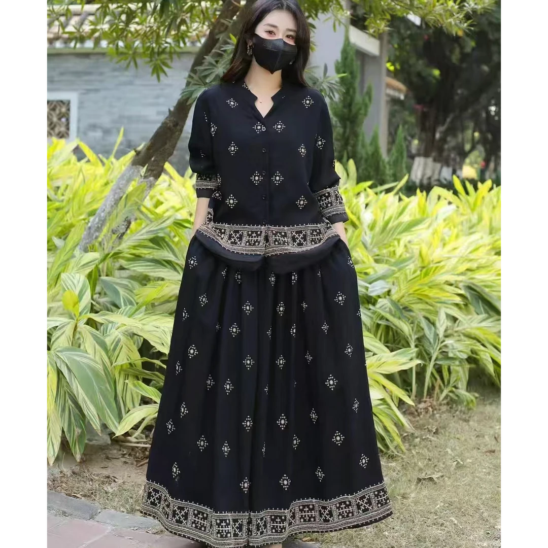 2025春季新款复古文艺新中式印花宽松显瘦两件套