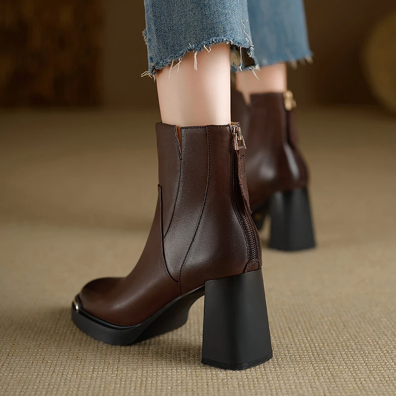 AACCK手工女鞋8.3CM粗跟后拉链女高跟短靴棕色牛皮瘦瘦靴圆头女靴