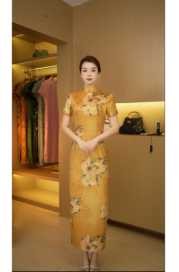 姚黄牡丹 日常气质文艺国风复古优雅长款旗袍