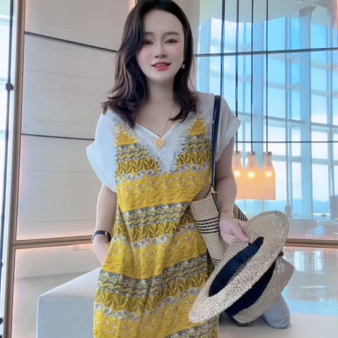 【丝芙玉禄】（S306）真丝双绉桑蚕丝气质拼色宽松中长款女装连衣裙