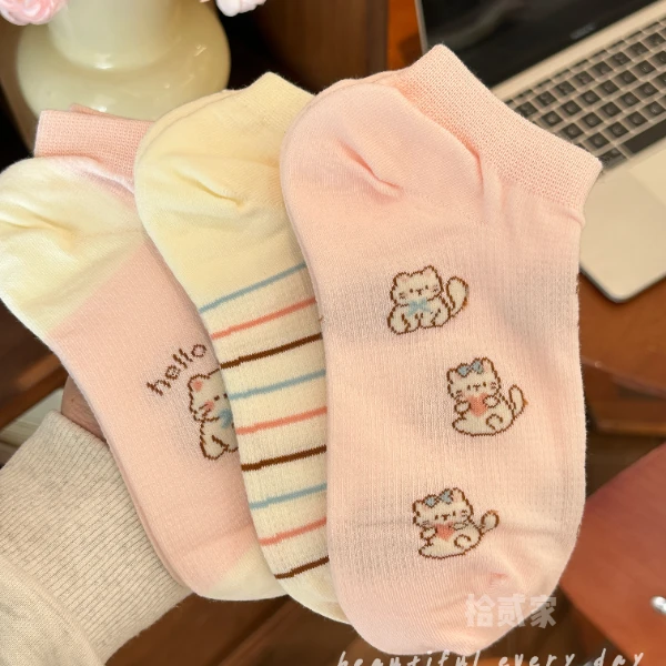 粉色小猫可爱少女短袜春夏新款袜子女透气ins薄款不闷脚