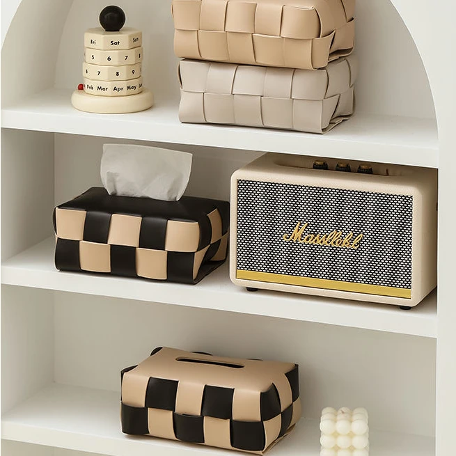 ins风黑白棋盘格皮革纸巾盒轻奢编织客厅高级感车载皮质抽纸盒