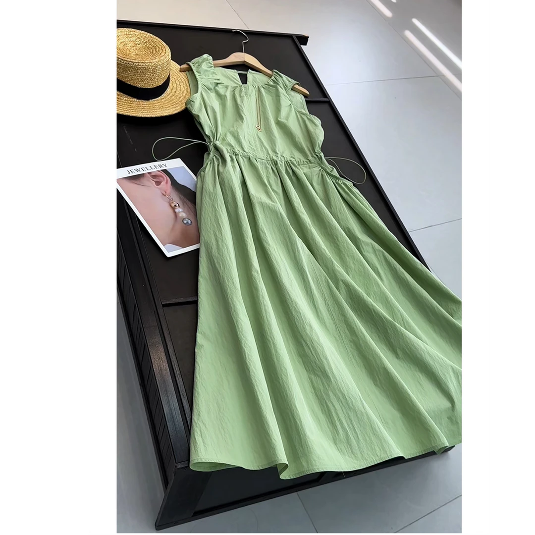 欧货洋气减龄抽绳收腰无袖连衣裙女25夏季新款时尚工装口袋长裙