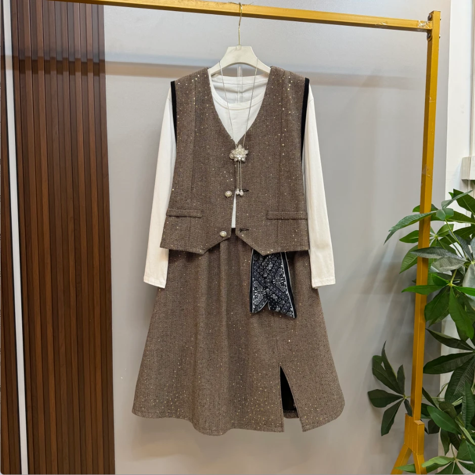 早秋新款时尚气质名媛风亮片蝴蝶结设计小香风马甲十半身裙套装