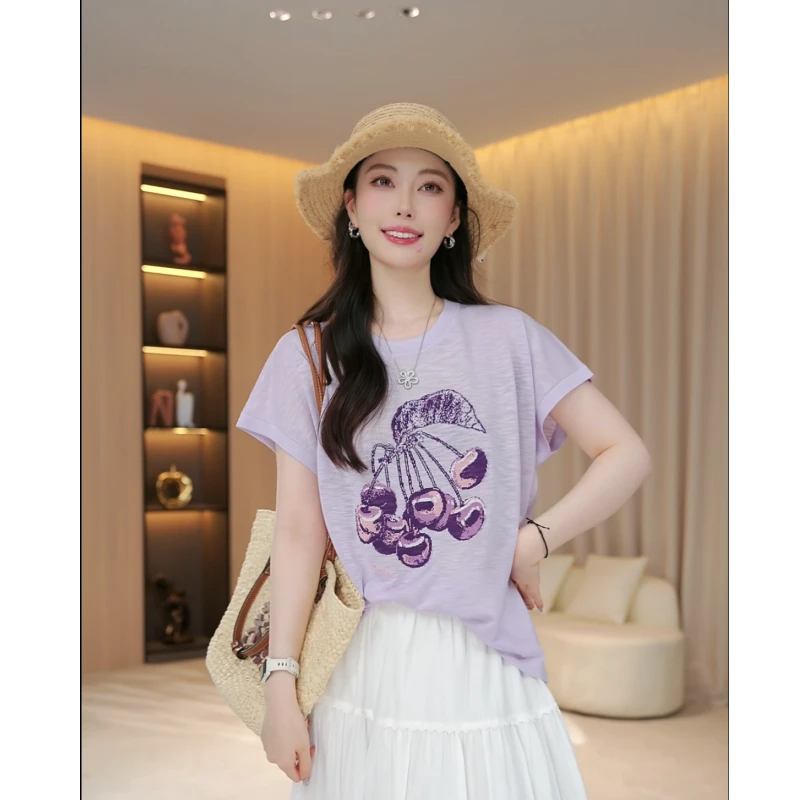 【紫色樱桃】夏季百搭时尚图案宽松短袖圆领卡通毛织T恤上衣35033