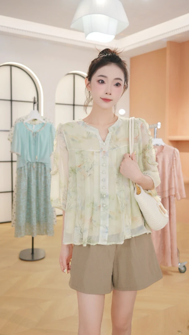 Z8256春夏衬衣女士高端时尚洋气百搭宽松拼接短袖衬衫女